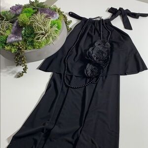 C Wonder halter neck little black mini dress oversize flower necklace small